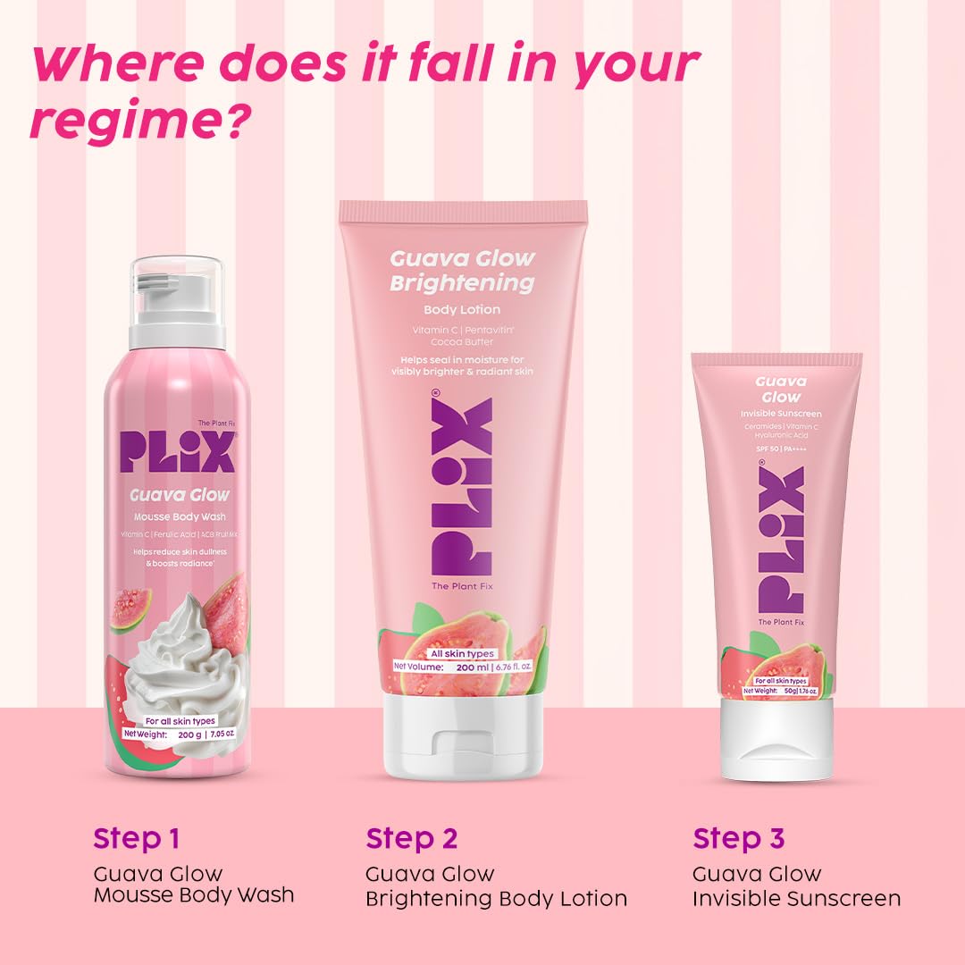 PLIX THE PLANT FIX Guava Mousse Body Wash | Whipped Foaming Cleanser for Glowy, Hydrated & Smooth Skin | Brightening with Vitamin C & Ferulic Acid | Gentle Exfoliation | Lightweight Texture | For Men & Women