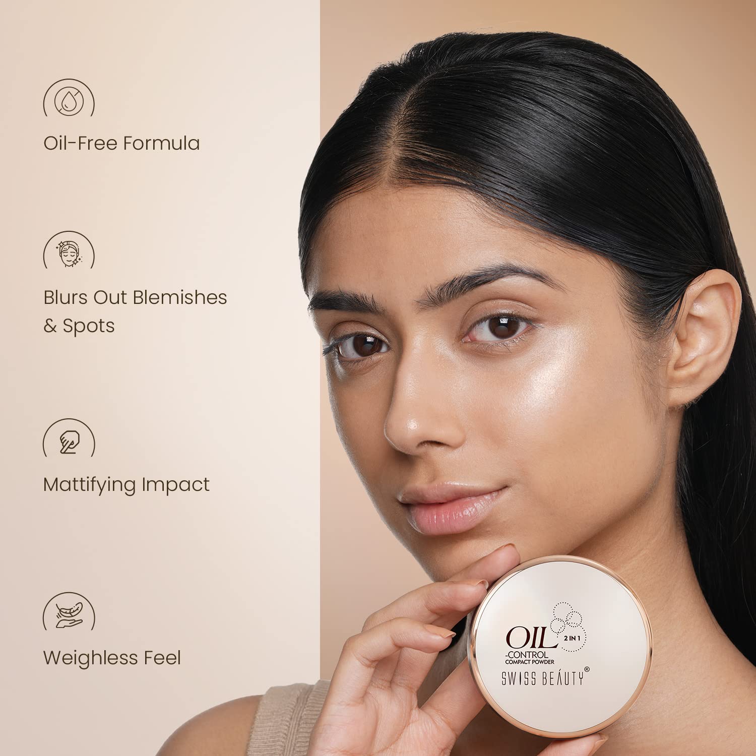SWISS BEAUTY Oil Cantrol Compact Powder Face Makeup 2 g, Light-Medium, 10 gram