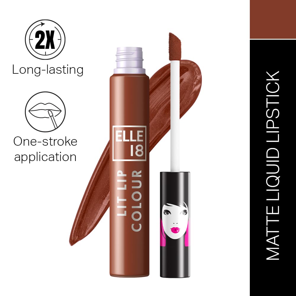 Elle 18 Lit Lip, Matte Finish, Nutty Latte, 16 hrs Long Lasting Liquid Lipstick, Smudge and Transfer Proof Lipstick, One-stroke application, Quick Drying | 5.6 ml