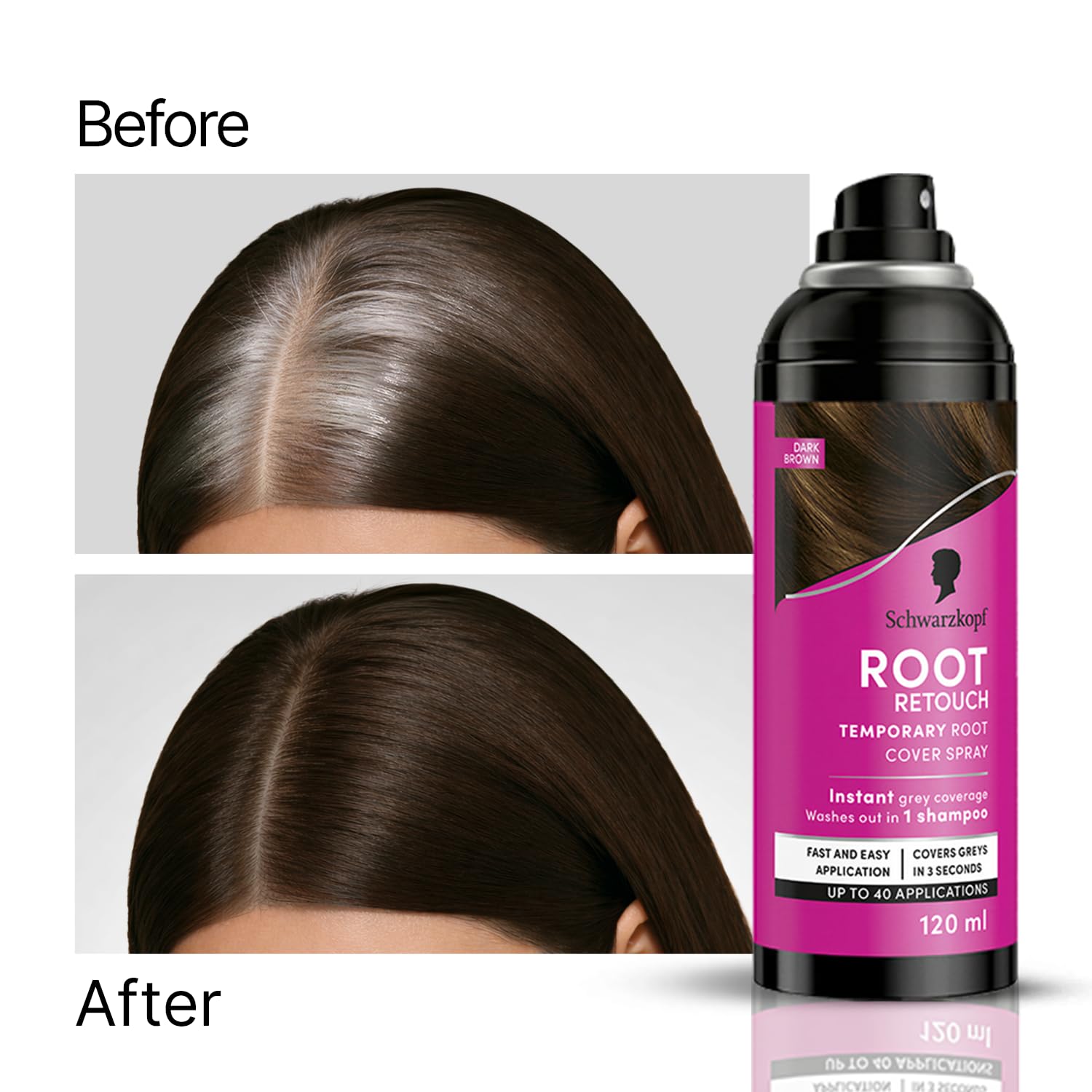 Schwarzkopf Root Retouch Instant Grey Hair Concealer Spray Sweat And Rain Resistant, Matte Finish Perfect Coverage | Upto 40 Fast and Easy Applications | Unisex| For All Hair Types, Black, 120ML