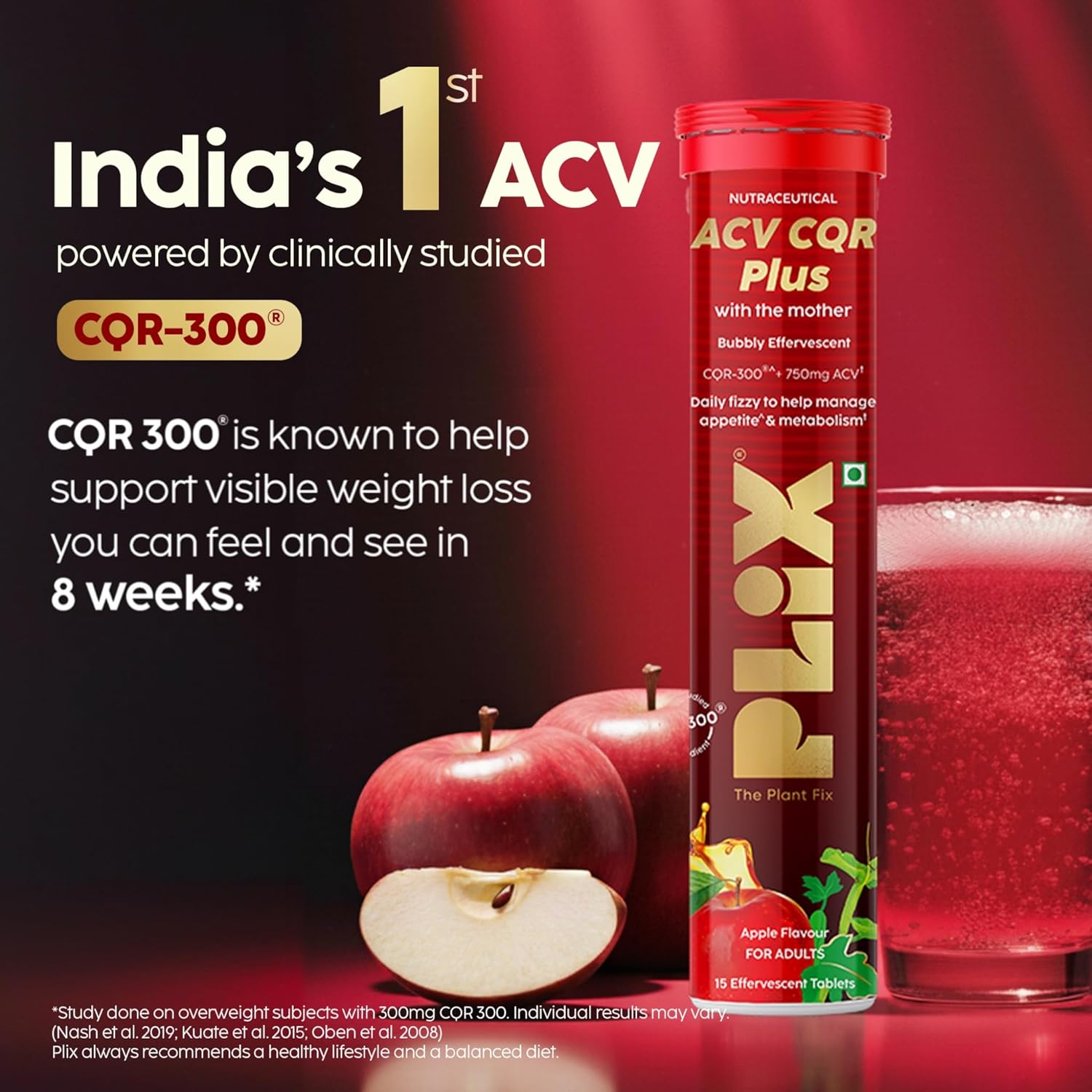 PLIX ACV CQR Plus Effervescent | Clinically Studied CQR-300® & Apple Cider Vinegar | Supports Fat Reduction, Waist & Hip Slimming, Metabolism & Appetite Control | 15 Effervescent Tablets Per Tube | Pack of 4