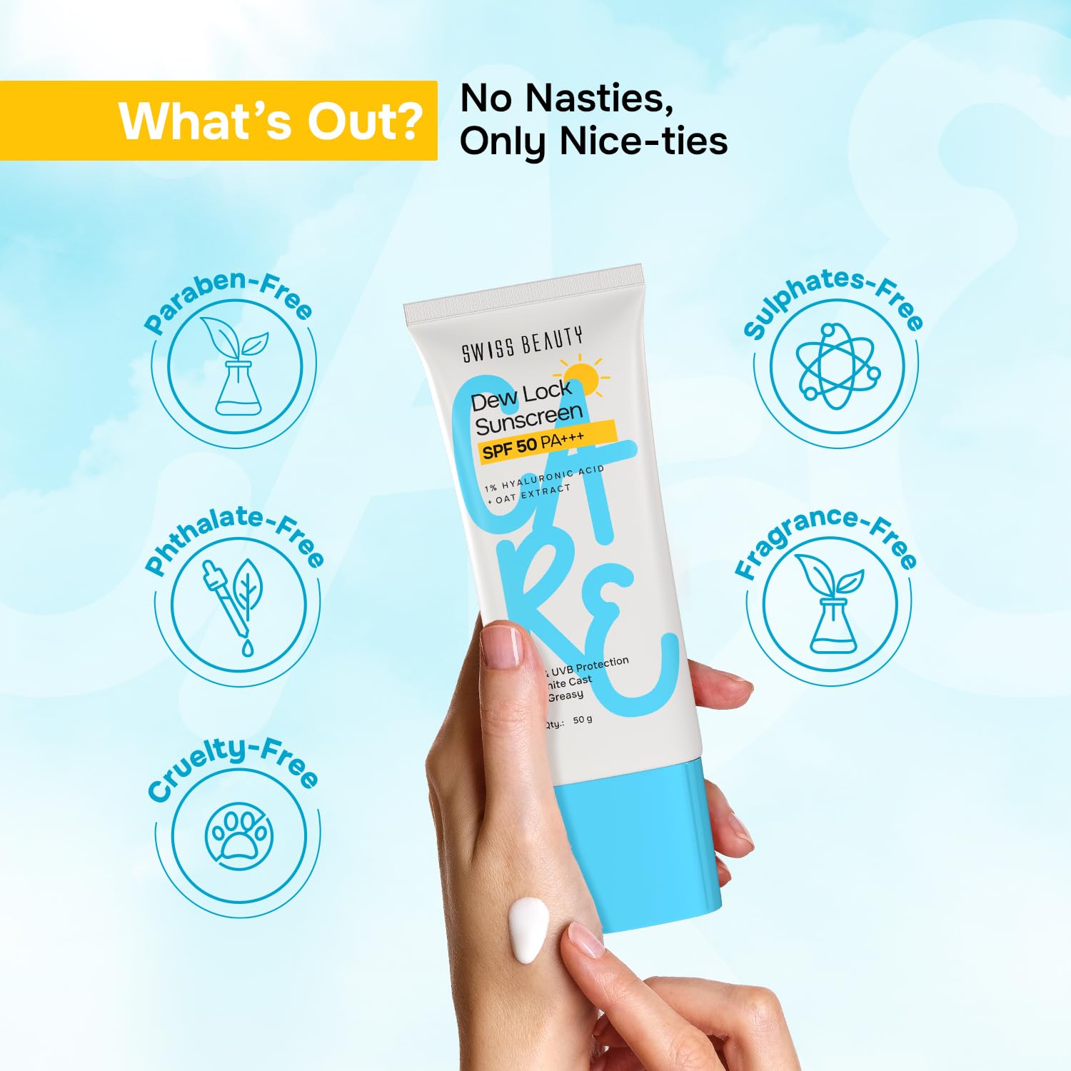 Swiss Beauty Care Dew Lock Sunscreen | SPF 50 PA++++ Broad-Spectrum Protection | No White Cast | With 1% Hyaluronic Acid | 50g