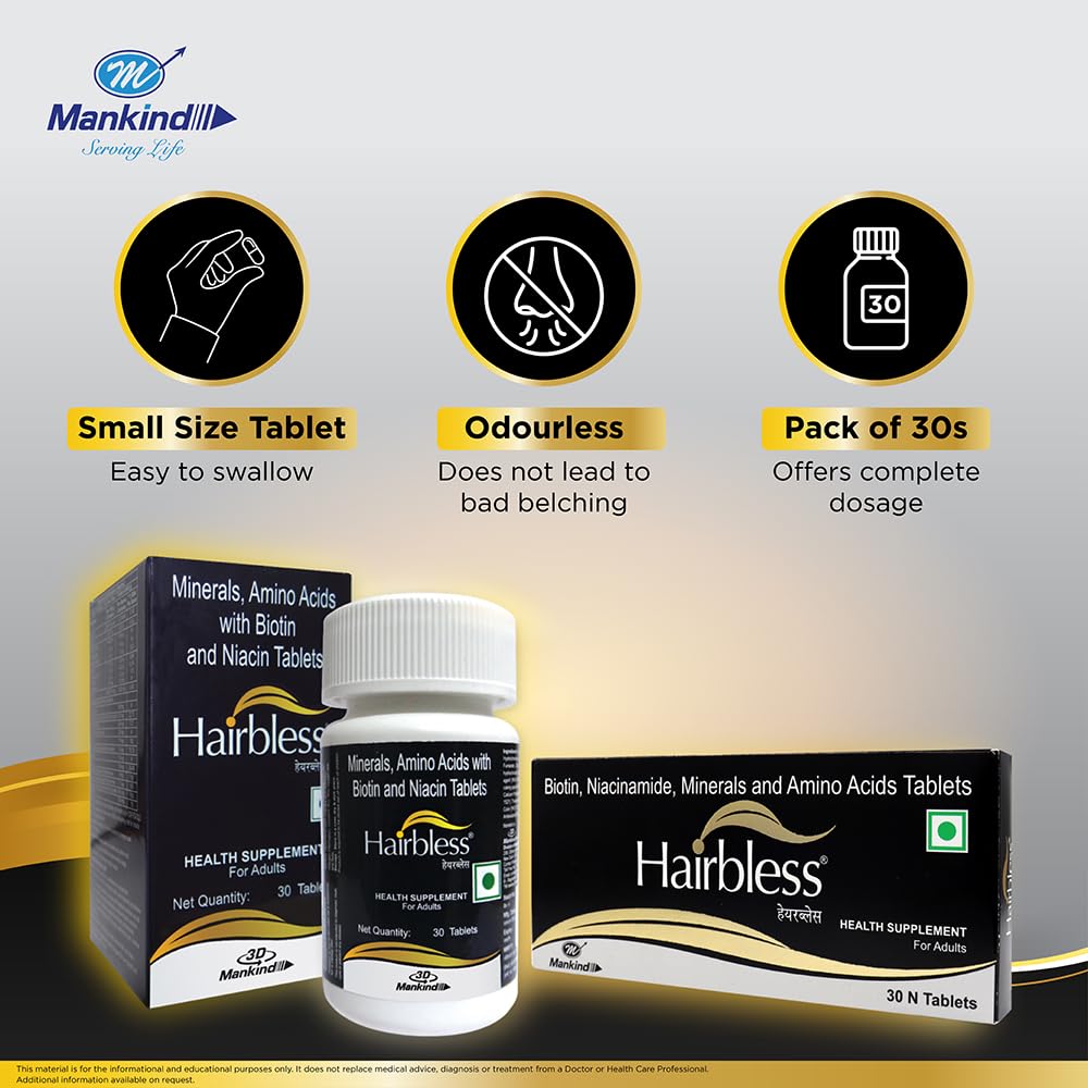 Mankind HairBless Hair Supplement | with Biotin and Niacin | Gluten Free | Amino Acid, Minerals and Vitamins | Enriched with L-Cystiene | 30 Tablets