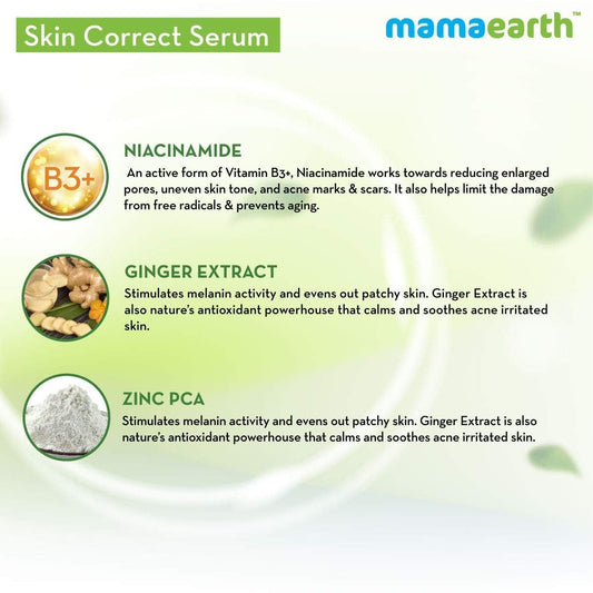 Mamaearth Skin Correct Face Serum Acne Scars removal cream with Niacinamide and Ginger Extract – 30 ml