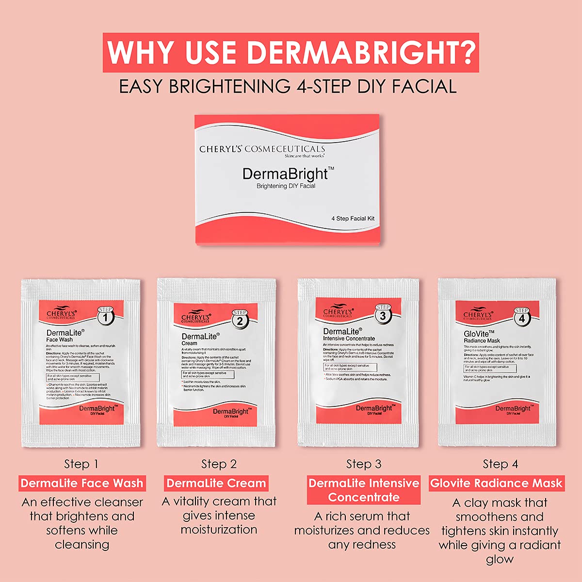 Cheryl’s Cosmeceuticals DermaBright 1 Pack Skin Brightening 4-step Easy DIY Facial Kit for All Skin Types for Women and Men, 14 gm