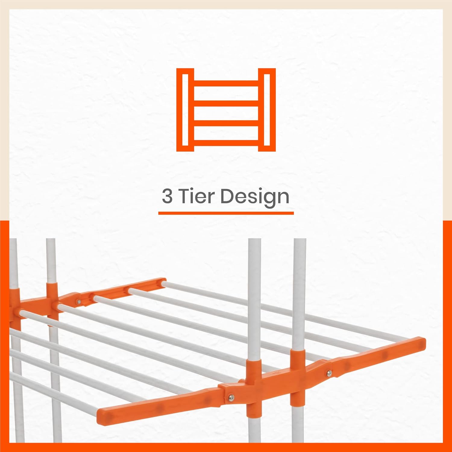 Bathla 3 Level Modular Cloth Drying Stand with Wheels - Rustproof Portable Steel Laundry Rack (Orange - Large) - Clothes Dryer for Balcony, Indoor & Outdoor Use