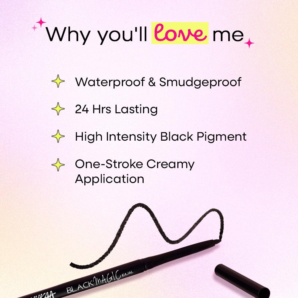 Nykaa Black Magic Kajal Eyeliner, 24Hr Longstay, Waterproof, Smudgeproof, Deep Black, Pack of 2, 0.6g Each
