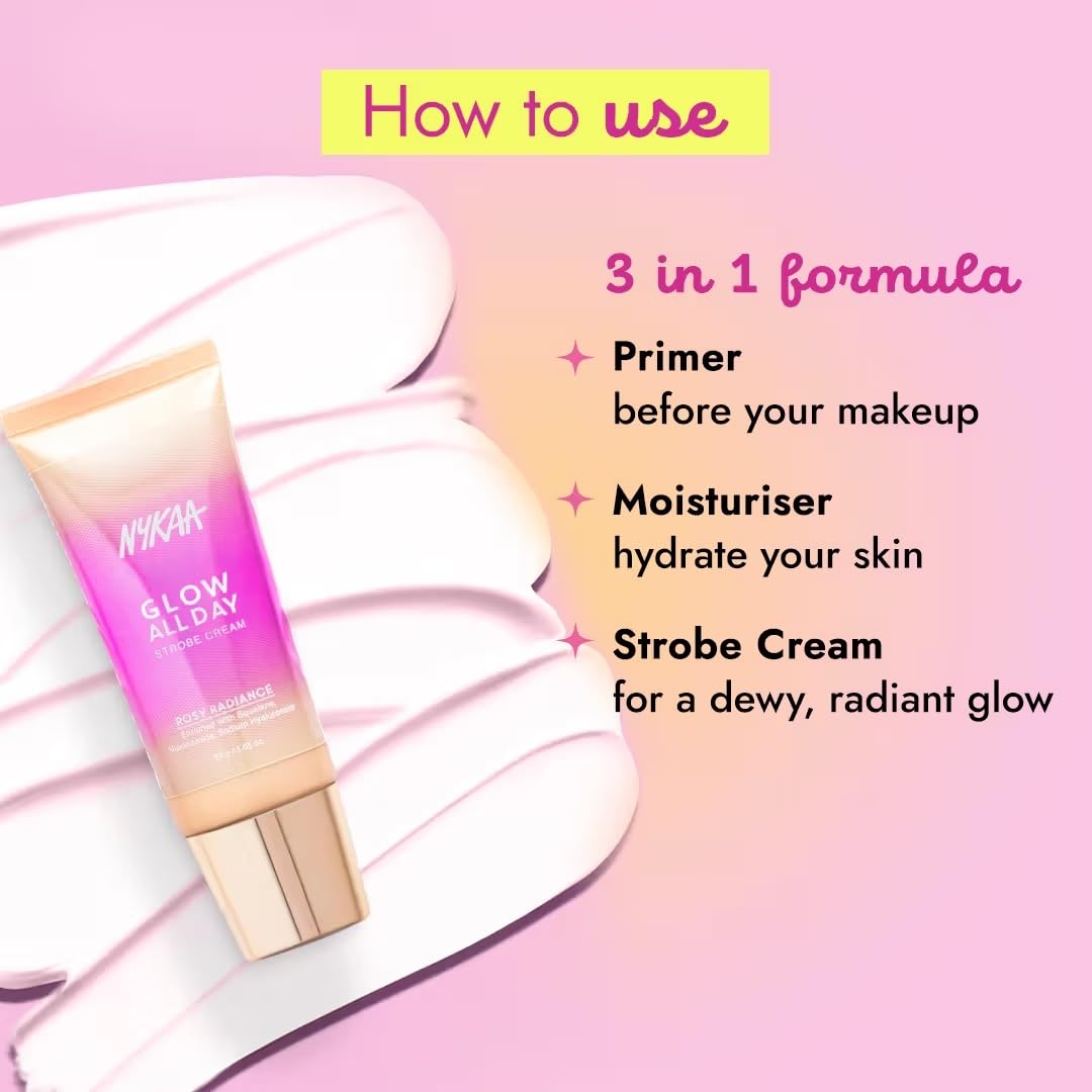 Nykaa Glow All Day Illuminating Strobe Cream 3-in-1 Moisturising Primer and Highlighter - Rosy Radiance (30g)