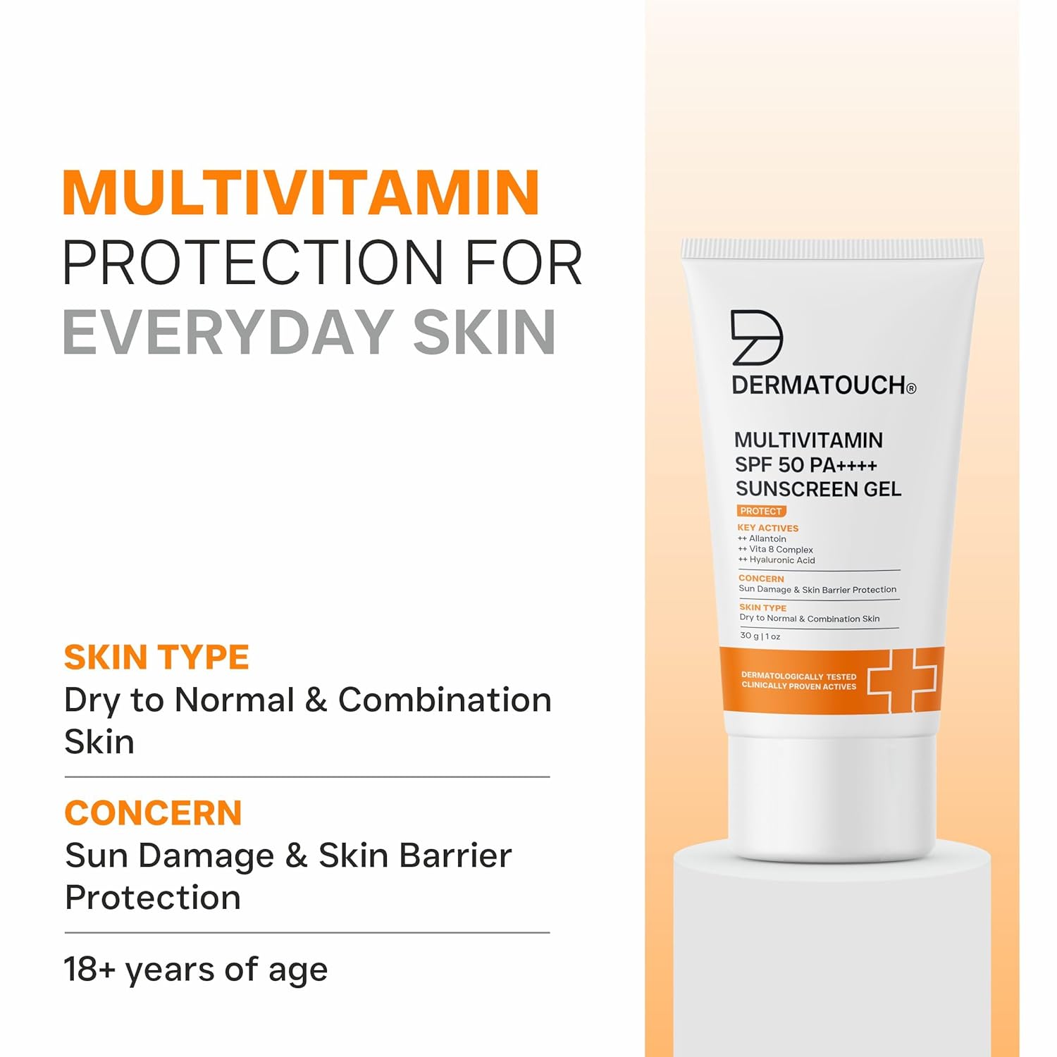 DERMATOUCH Multivitamin SPF 50 PA++++ Sunscreen Gel | Broad Spectrum UVA-UVB Protection | Zero White Cast | Helps Reduce Sun Damage & Skin Barrier Protection | For All Skin Types | 30g