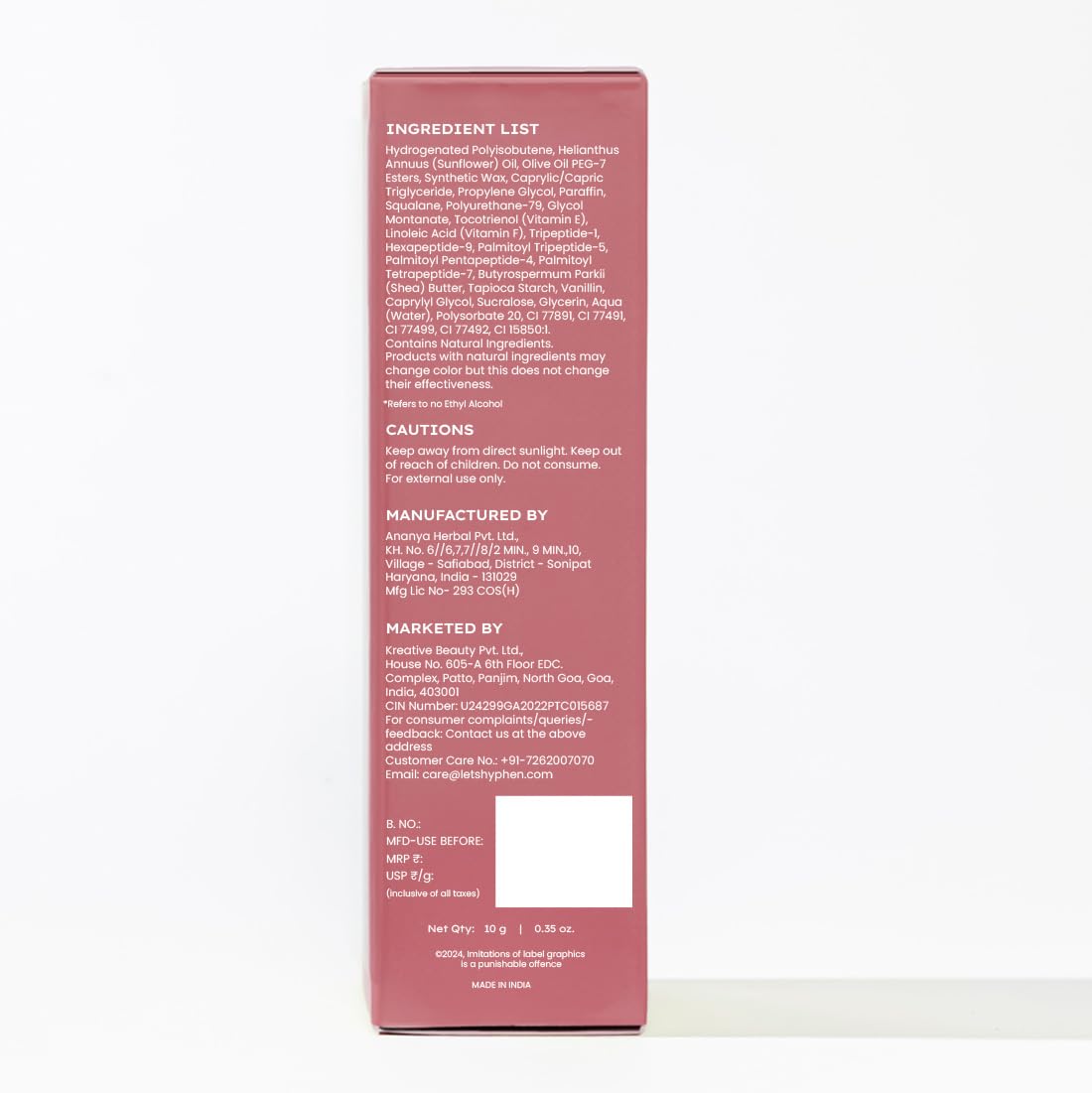 Hyphen Tinted Lip Balm - Hazel | 1% Vitamin E, 2% Squalane & Peptides | Brightening Lip Balm for Dark Lips | 24h Moisturization for Dry Lips - 10 gm