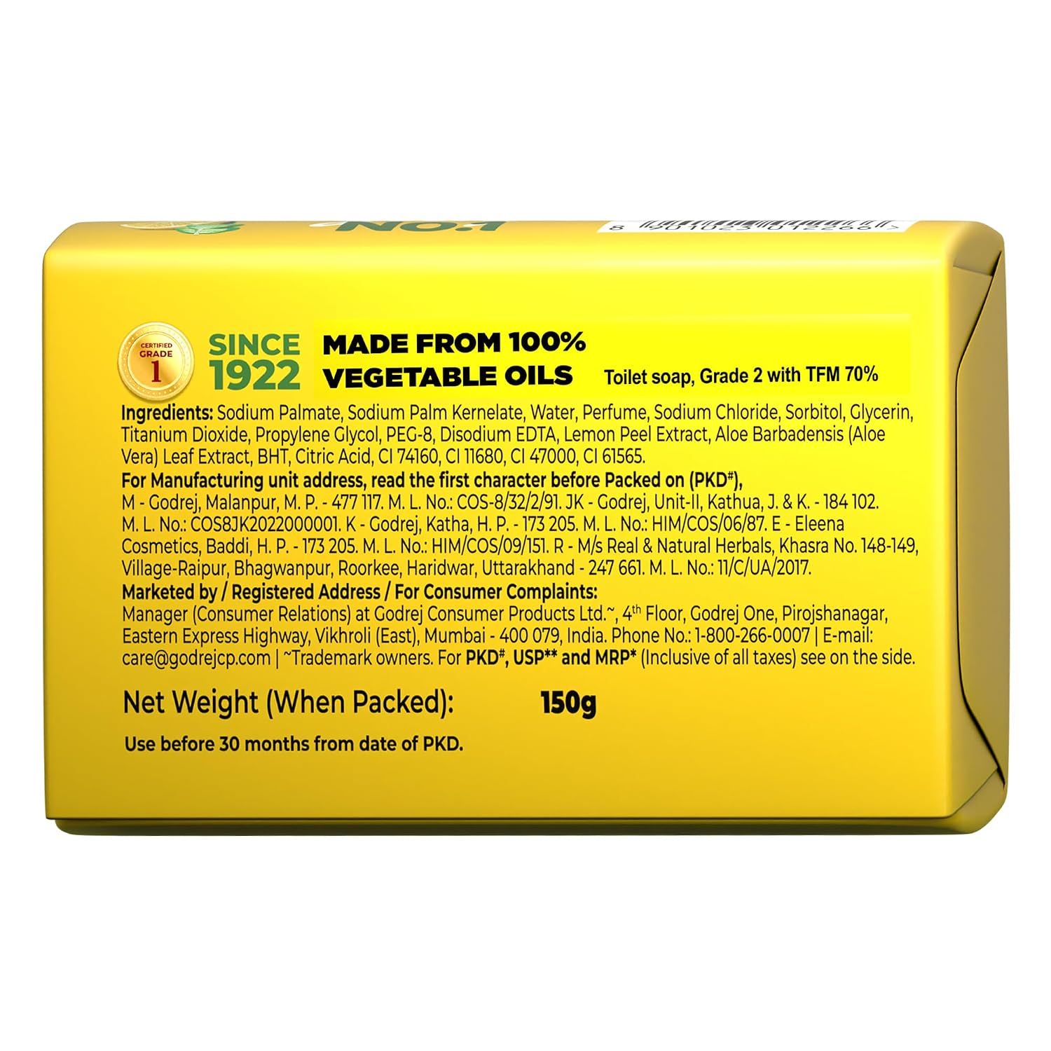 Godrej No.1 Lime & Aloe Vera Soap - Pack of 6 (150g each) - High TFM (Grade 1 Soap) | Soaps For Bath | Long-Lasting Fragrance