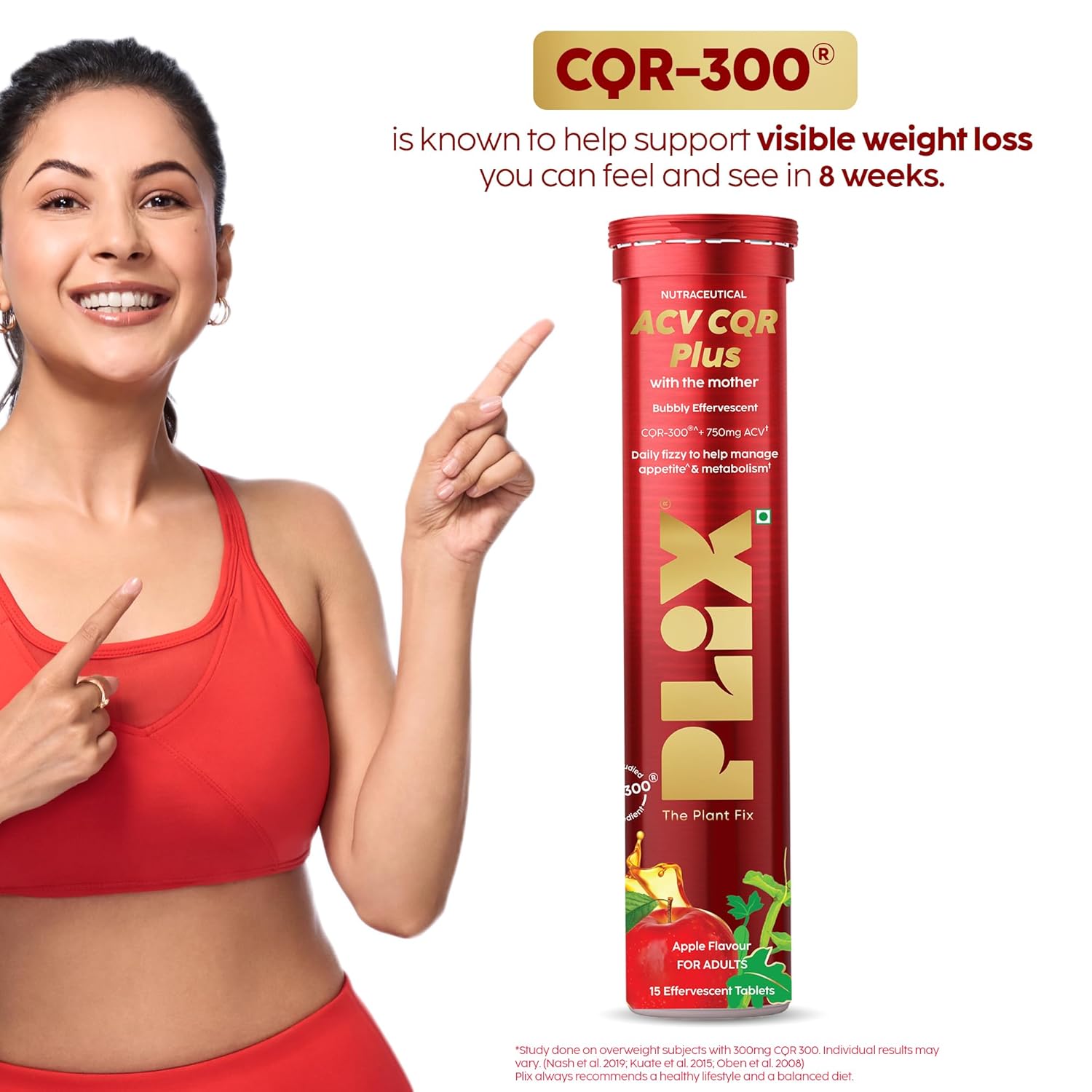 PLIX ACV CQR Plus Effervescent | Clinically Studied CQR-300® & Apple Cider Vinegar | Supports Fat Reduction, Waist & Hip Slimming, Metabolism & Appetite Control | 15 Effervescent Tablets Per Tube | Pack of 4