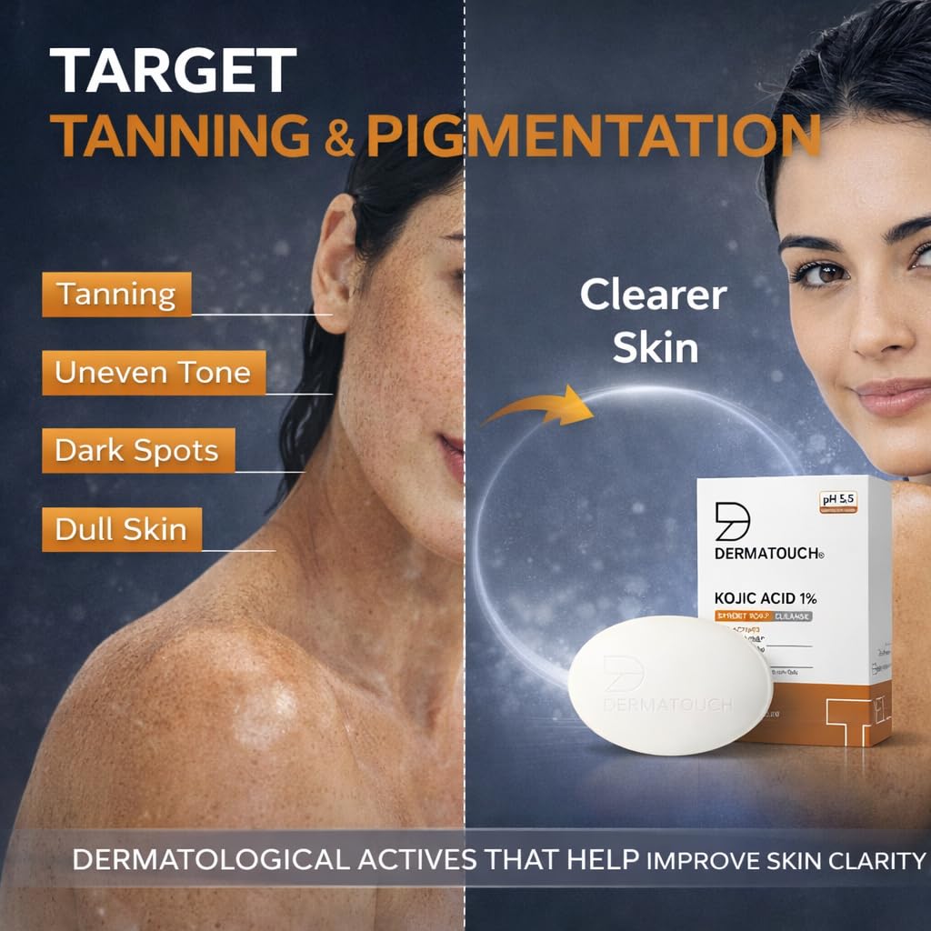DERMATOUCH Kojic Acid 1% Soap with Glutathione & Alpha Arbutin |For Tan, Brightening, Dark Spots & Pigmentation | pH 5.5 Balanced Syndet Bar | Dermatologist Tested | For Men & Women | 75g