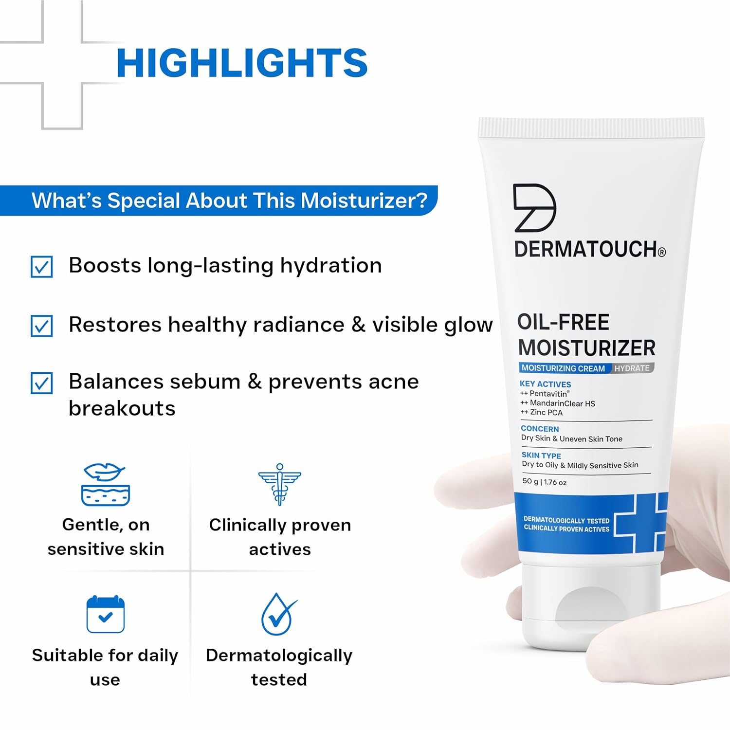 DERMATOUCH Oil-Free Moisturiser – Lightweight Hydration | Non-Greasy Daily Moisture Care | Helps Maintain Skin Balance | 50g