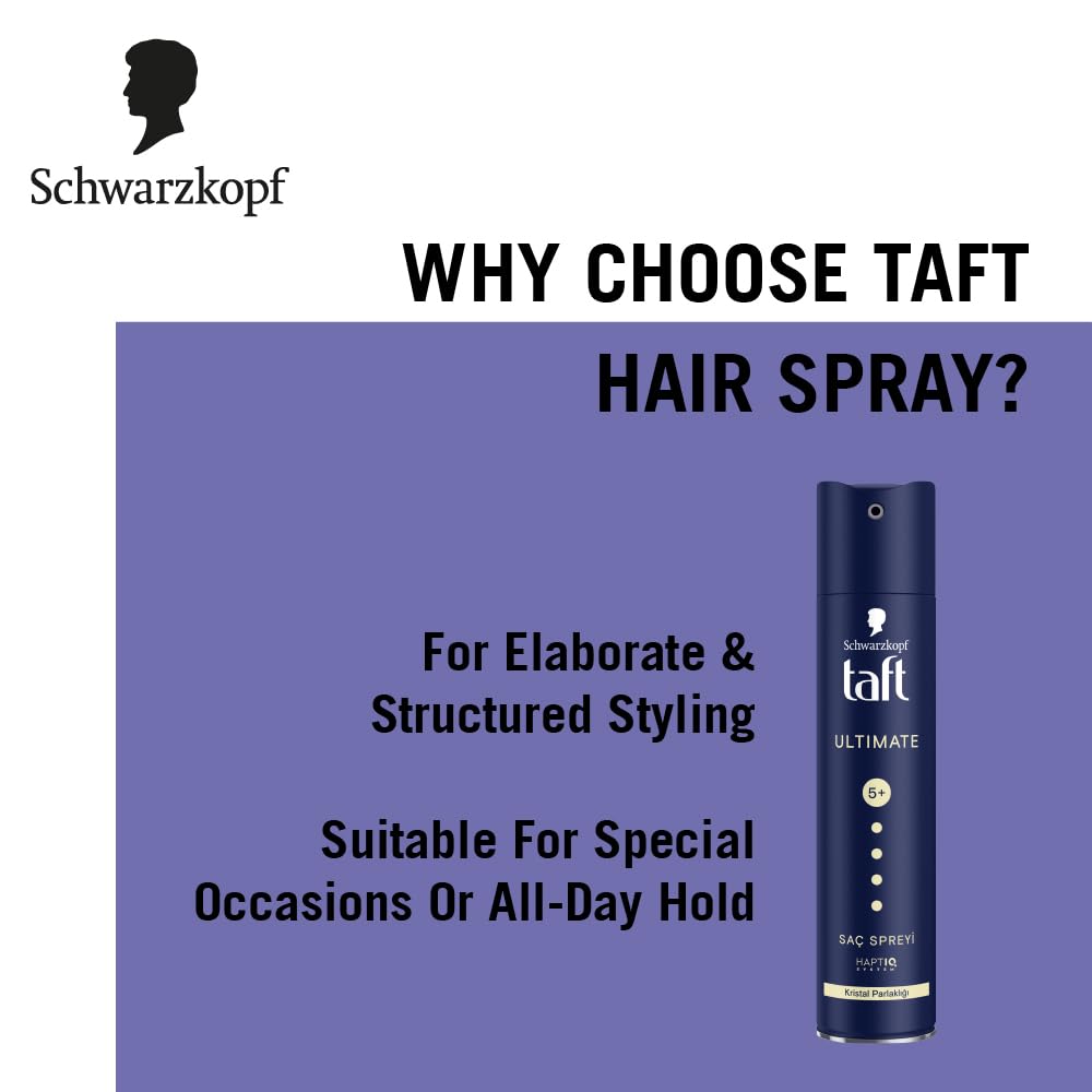 TAFT Schwarzkopf Ultimate Hair Spray For Hair With Crystal Shine | Hold 5+ For 72H hold | Protects From Wind And Humidity | No Stickiness | Easy To Brush Out | For Salon Like Finish - 250Ml. |