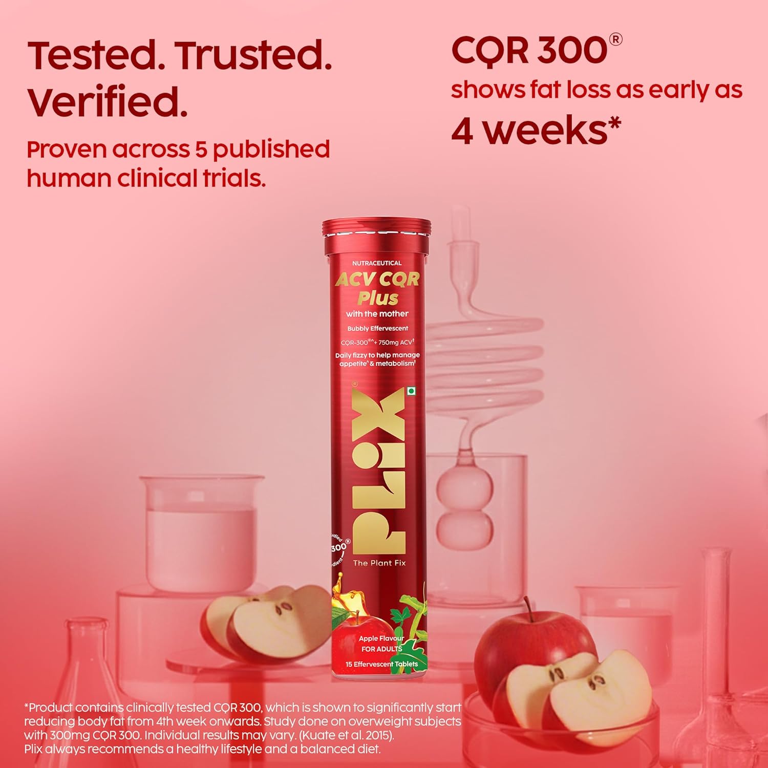 PLIX ACV CQR Plus Effervescent | Clinically Studied CQR-300® & Apple Cider Vinegar | Supports Fat Reduction, Waist & Hip Slimming, Metabolism & Appetite Control | 15 Effervescent Tablets Per Tube | Pack of 4