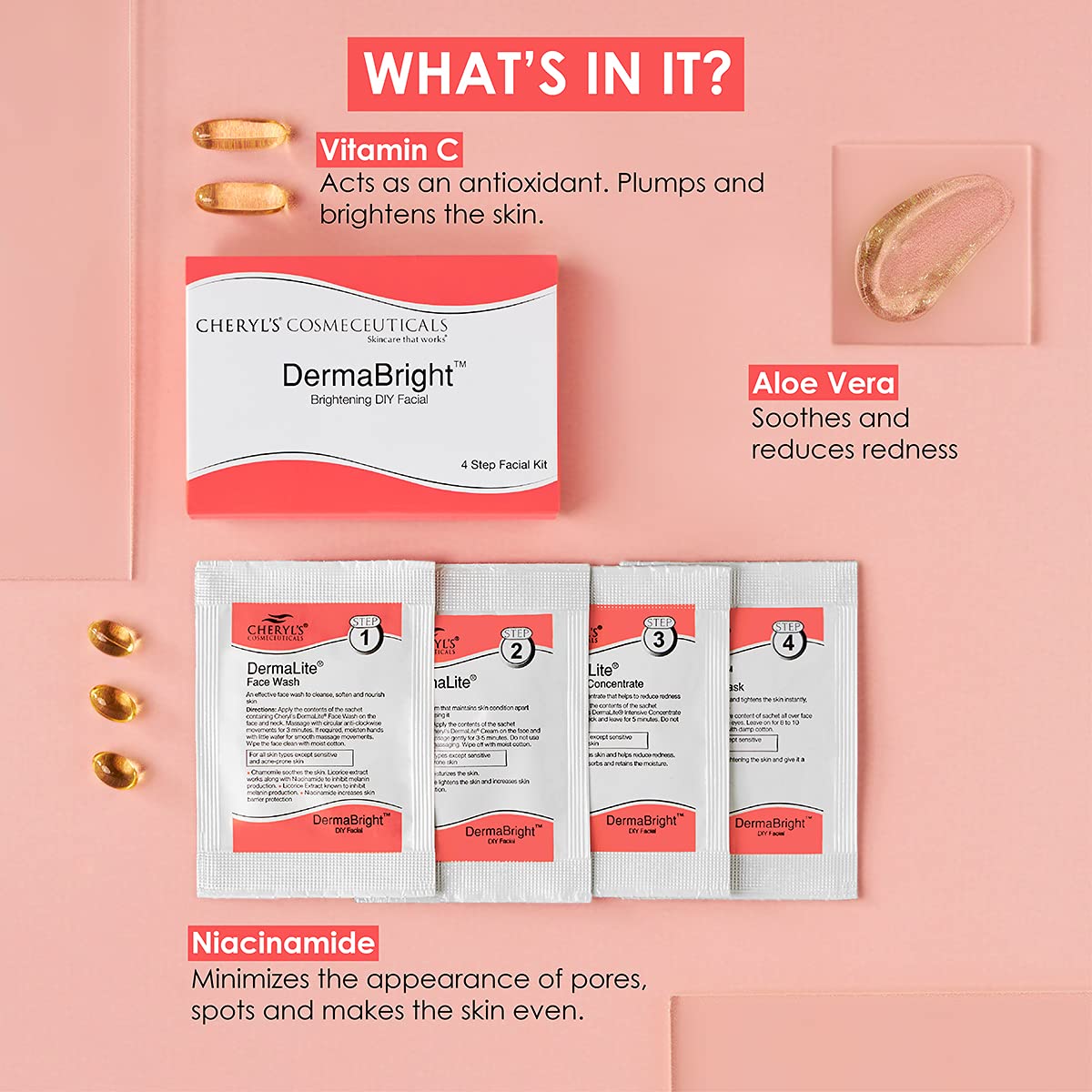 Cheryl’s Cosmeceuticals DermaBright 1 Pack Skin Brightening 4-step Easy DIY Facial Kit for All Skin Types for Women and Men, 14 gm