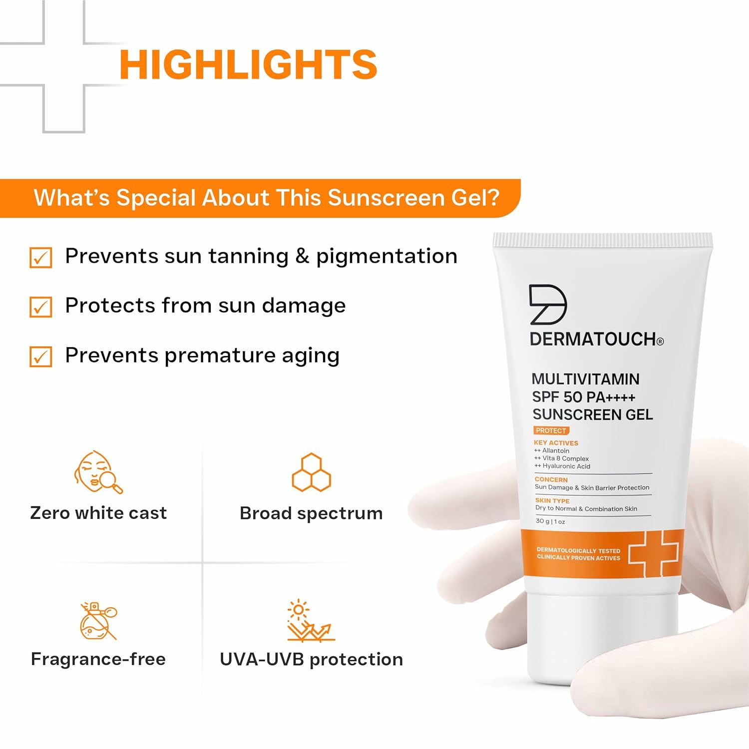 DERMATOUCH Multivitamin SPF 50 PA++++ Sunscreen Gel | Broad Spectrum UVA-UVB Protection | Zero White Cast | Helps Reduce Sun Damage & Skin Barrier Protection | For All Skin Types | 30g