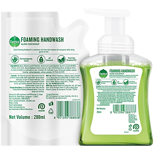 Dettol Foaming Handwash - Pump + Refill Combo, Aloe Coconut, Rich Foam, Moisturizing, Soft On Hands, 250 ml (200 ml Refill Pack)