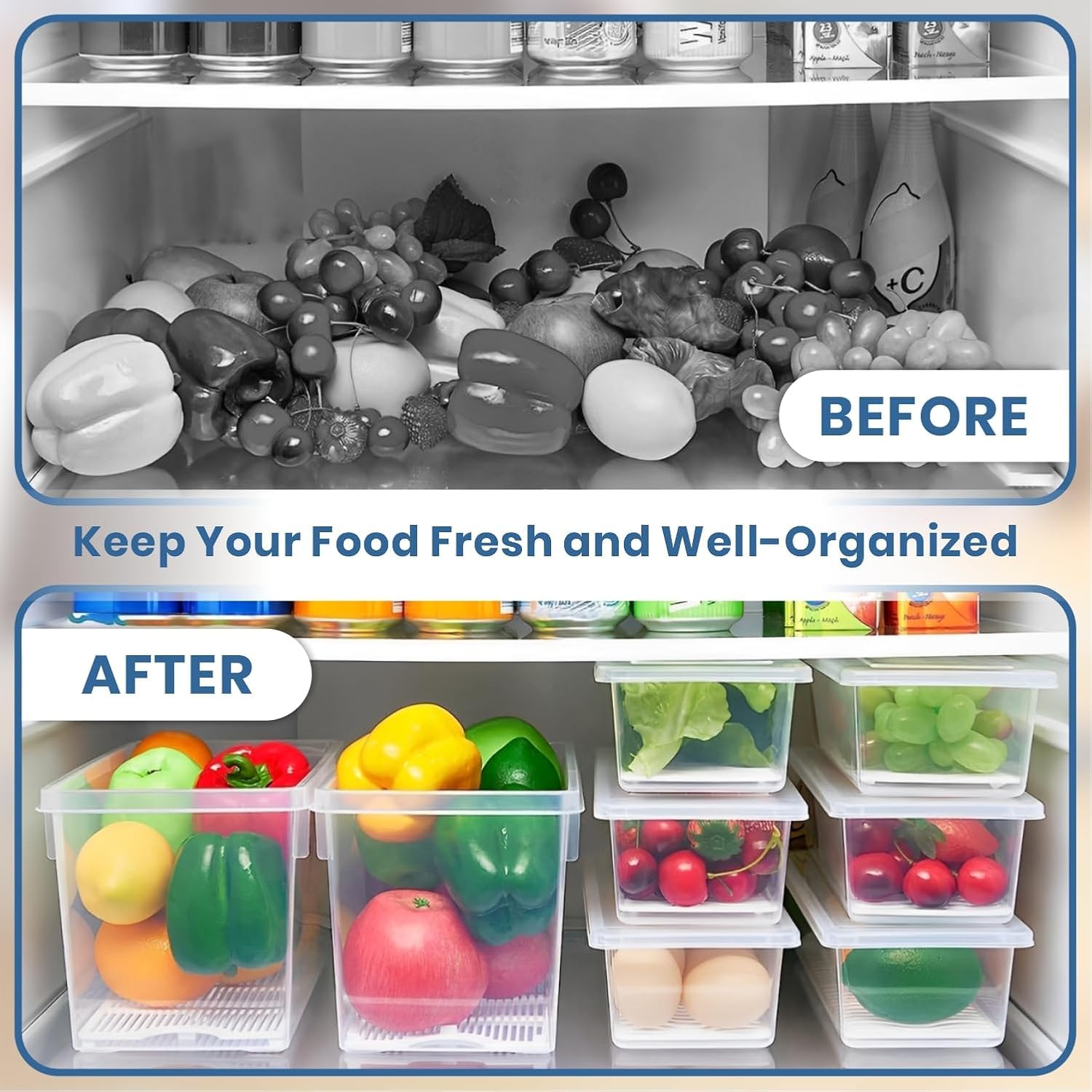 JD FRESH 1500ML Fridge Storage Containers Set of 6 with Removable Drain Plate & Lid | Leak-Proof Stackable Refrigerator Organizer Boxes for Vegetables, Fruits, Snacks|BPA Free, Easy to Clean& Reusable