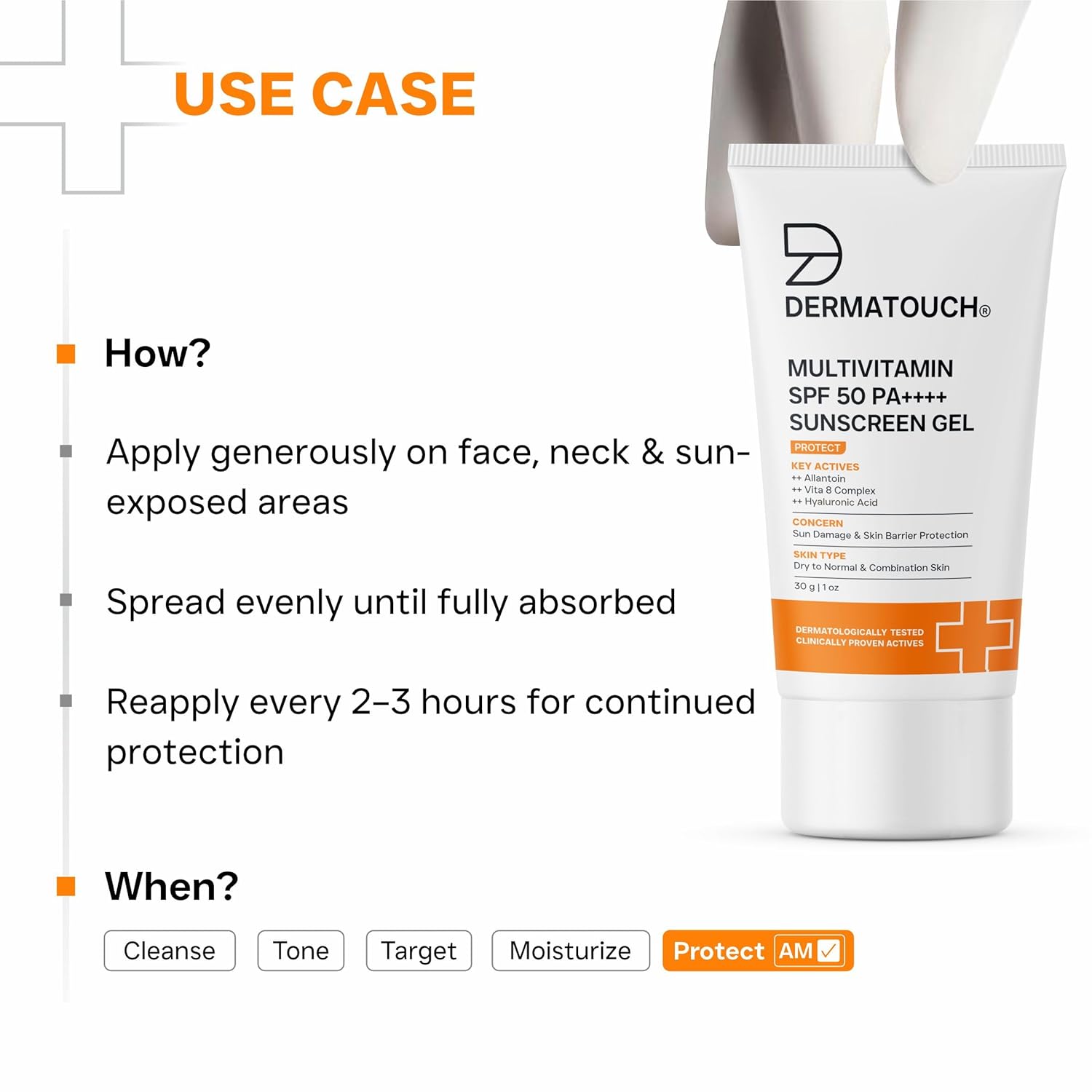 DERMATOUCH Multivitamin SPF 50 PA++++ Sunscreen Gel | Broad Spectrum UVA-UVB Protection | Zero White Cast | Helps Reduce Sun Damage & Skin Barrier Protection | For All Skin Types | 30g