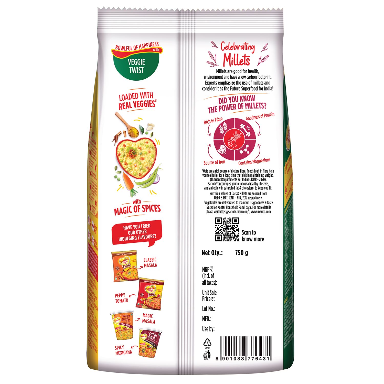 Saffola Masala Oats | 750g |Veggie Twist | Tasty, Anytime Snack | Ready in 3 mins |