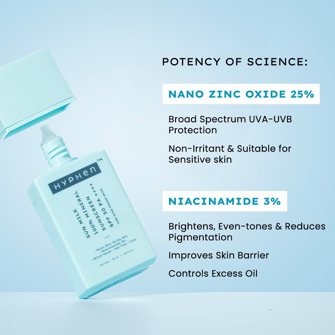 Hyphen Sun Milk 100% Mineral Sunscreen SPF 50 PA++++ 25% Nano Zinc Oxide For Acne Prone, Oily Skin (50ml)