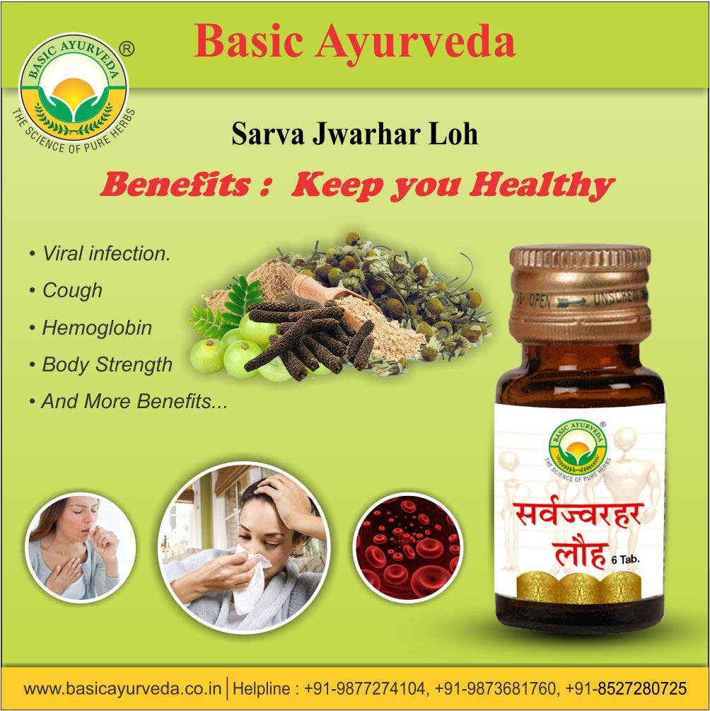 Basic Ayurveda Sarva Jwarhar Loh With Gold 12 Tablets For fever, anemia, cough, intermittent fever, typhoid, injuries