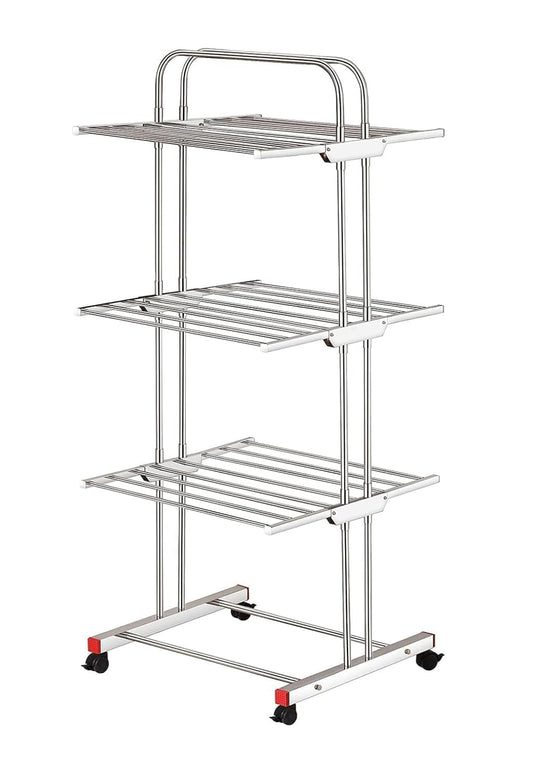 3 Tier 304 Stainless Steel Foldable Cloth Dryer Stand | Heavy Duty Rust-Proof Movable Clothes Drying Rack for Balcony & Indoor Use