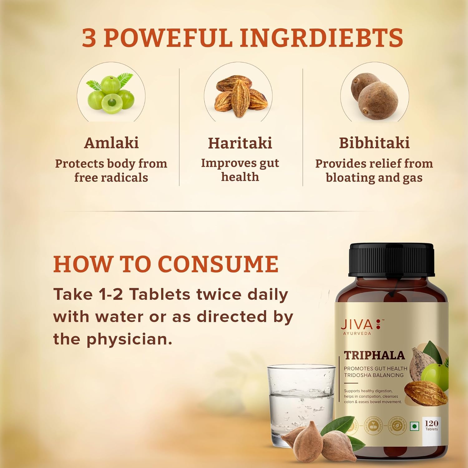 Jiva Ayurveda Triphala Ayurvedic (120 Tablets) For bowel movement, eye and hair related problems