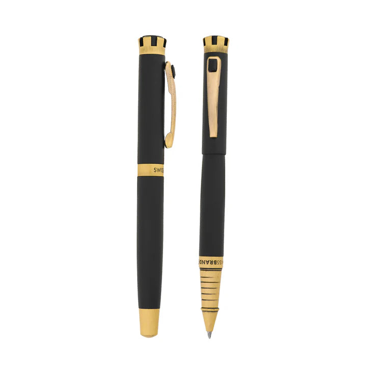 SWISSBRAND Eternia 2510 Matte black gold Rollerball Pen with black gem embedded in the gold trim