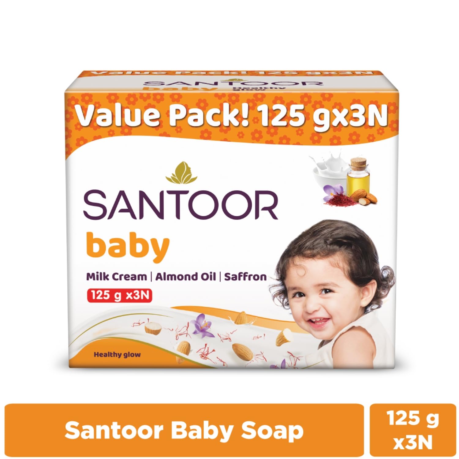 Santoor Baby Bathing Bar Soap with Milk Cream, Saffron, & Almond Oil for Soft & Supple Skin| Gentle & Rich Lathering Formula with Mild Fragrance| 125gx3