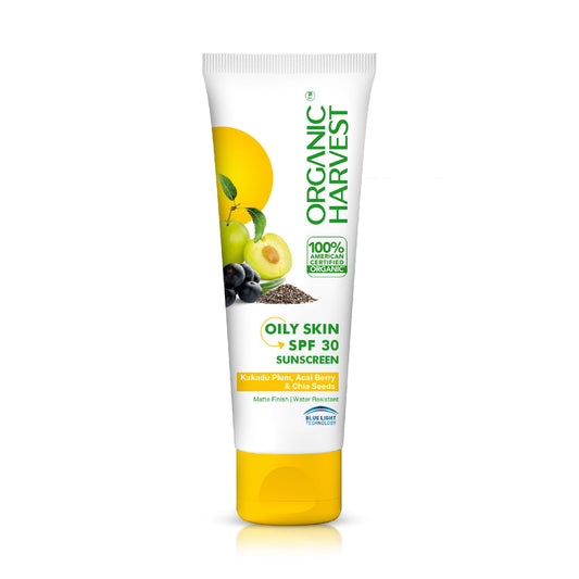 Organic Harvest Sunscreen SPF 30 with Blue Light Technology, Protects From Harmful UVA & UVB Rays, PA+++, Hydrates & Nourishes Skin, For Oily Skin, 100% American Certified Organic, Sulphate & Paraben Free - 100gm