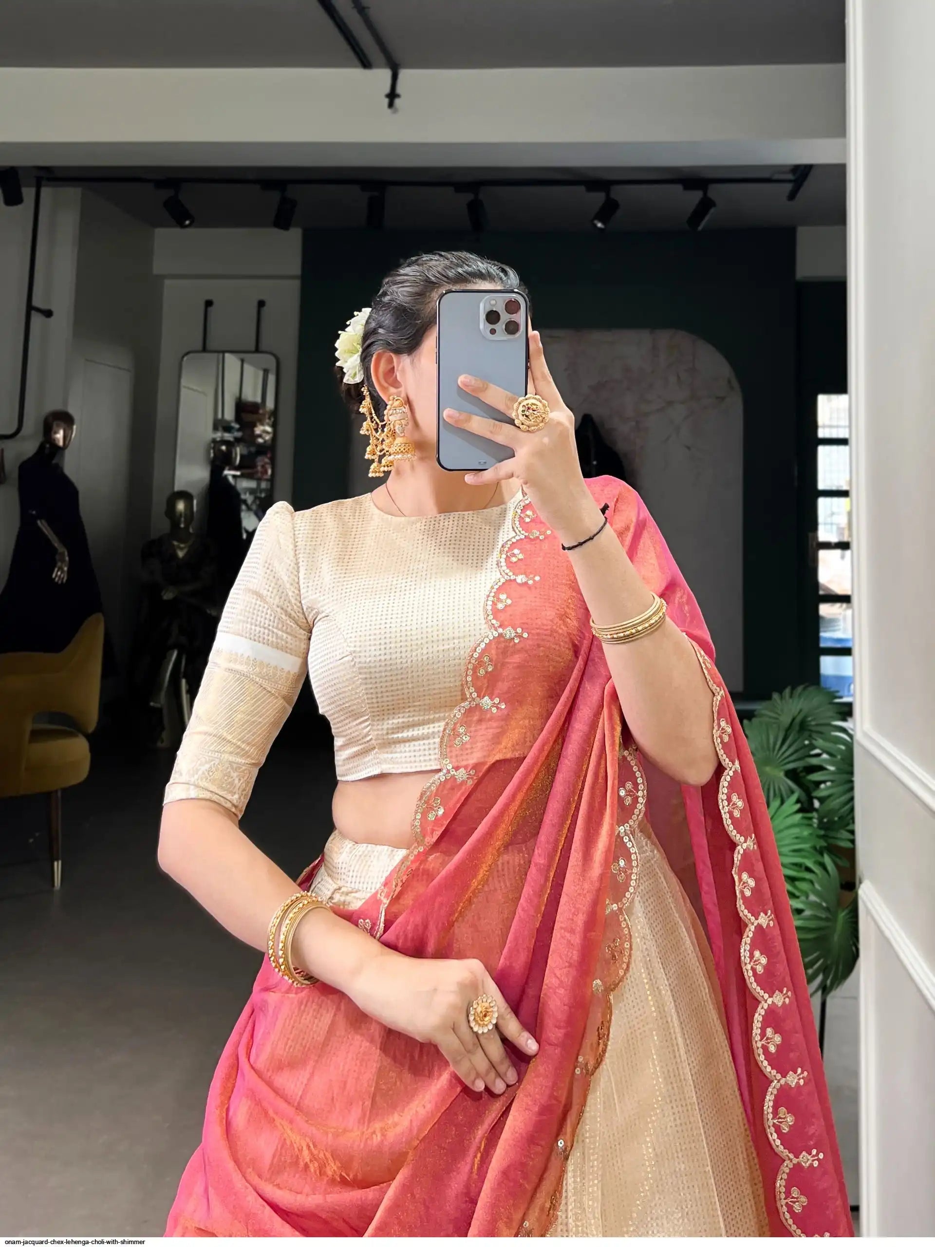 ONAM JACQUARD CHEX LEHENGA CHOLI WITH SHIMMER