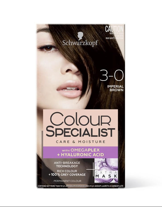 Schwarzkopf Colour Specialist At Home Permanent Hair Colour With Omegaplex Anti-Breakage Technology And Hyaluronic Acid With 2 After Colour Repair Masks For Softer Hair, 3.0 Imperial Brown 165ml