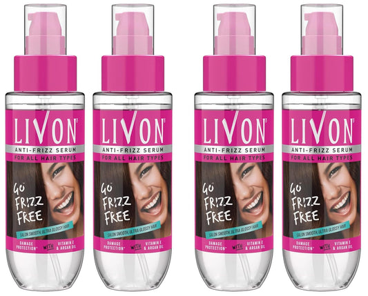 Livon Hair Serum For Women | All Hair Types | Smooth, Frizz-Free & Glossy Hair | With Argan Oil & Vitamin E | 100 Ml (Pack Of 4)