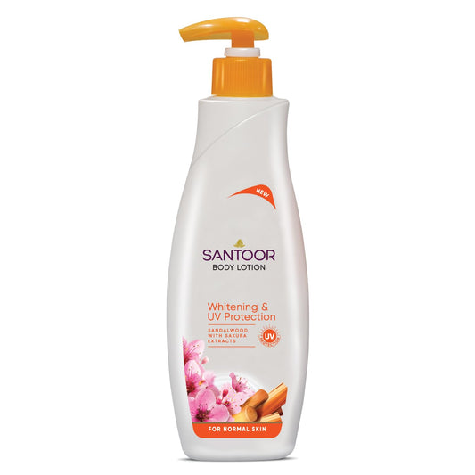 Santoor Perfumed Body Lotion with Sandalwood & Sakura Extracts for Skin Whitening & UV Protection| Deep Moisturization & Sunburn Reduction| Non-Greasy Lotion For Normal Skin| 400ml
