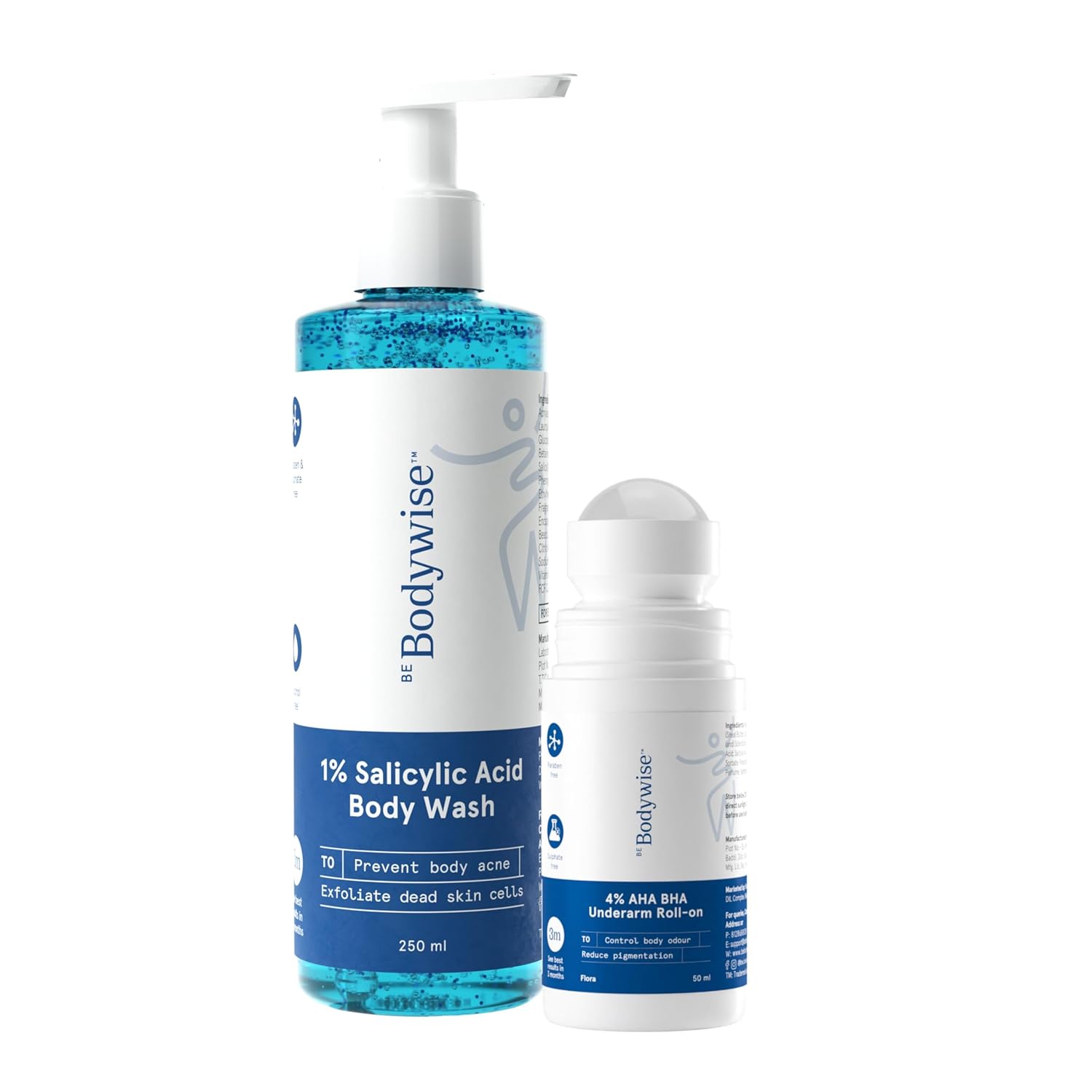 BeBodywise 1% Salicylic Acid Body Wash & 4% AHA BHA Underarm Roll On - Helps Exfoliate Skin - combo
