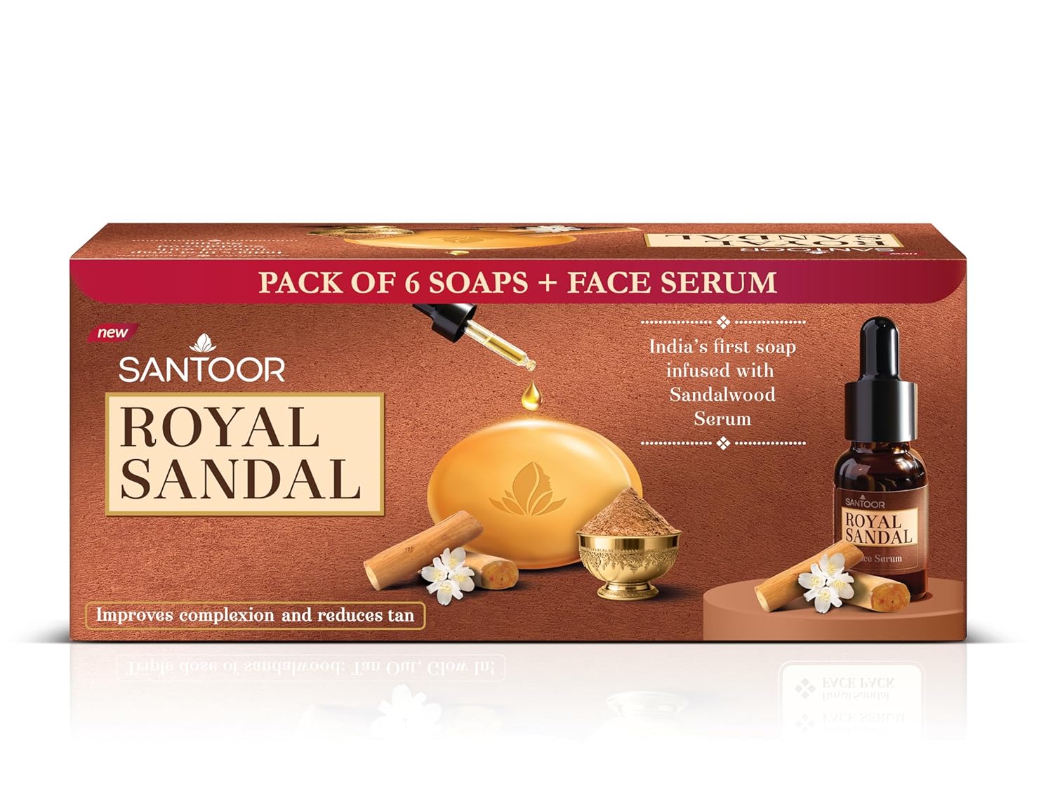 Santoor Royal Sandal Soap & Face Serum | Infused with Sandalwood Serum | Tan Removal | 100% Pure Sandalwood Oil & Powder | Helps Reduce Tan for Even-Toned, Glowing Skin | 125g x 6 Soaps + 15ml Serum