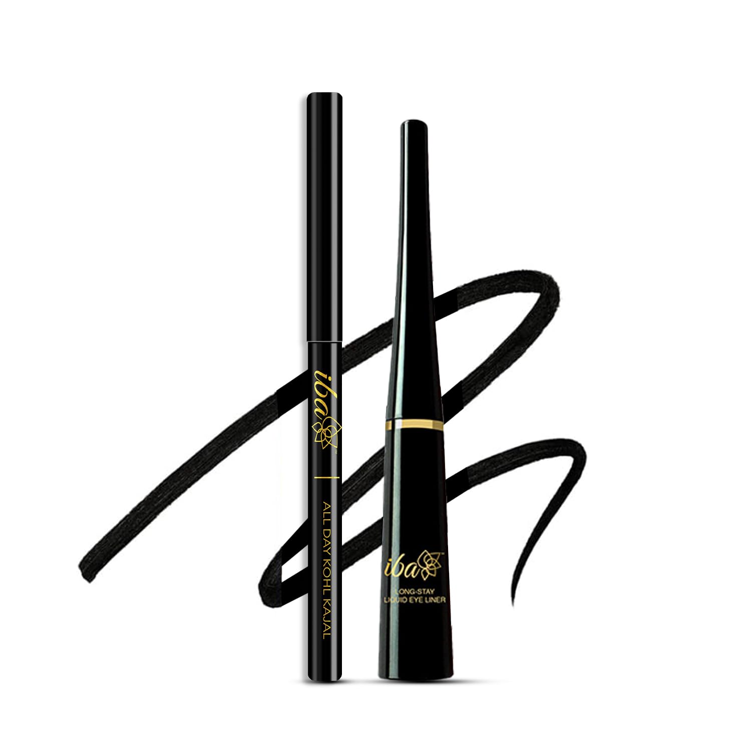 Iba Long Stay Liquid Eyeliner & All Day Kohl Kajal daily Eye Makeup Combo (Black) - Matte Finish