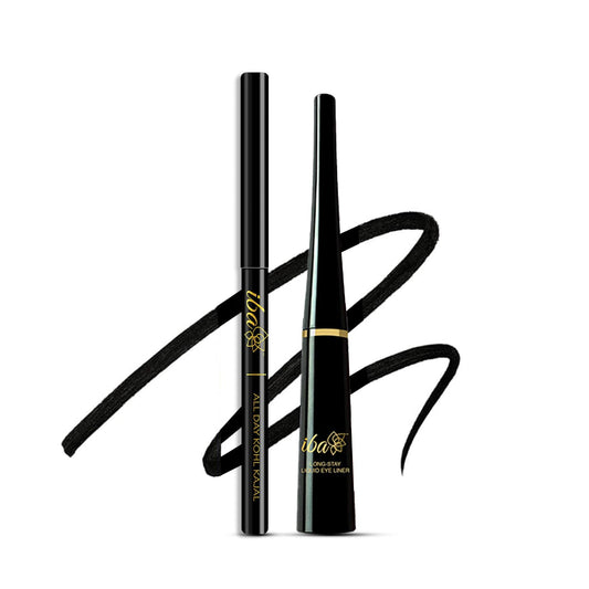 Iba Long Stay Liquid Eyeliner & All Day Kohl Kajal daily Eye Makeup Combo (Black) - Matte Finish