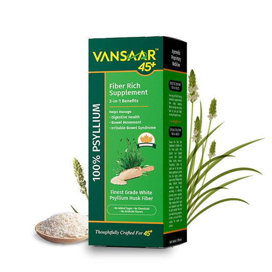 Vansaar 45+ Isabgol Fiber Rich Supplement | 100% Natural Psyllium Husk | Effective Relief from Constipation & Bloating | Promotes Digestive Health & Bowel Regularity – 180g
