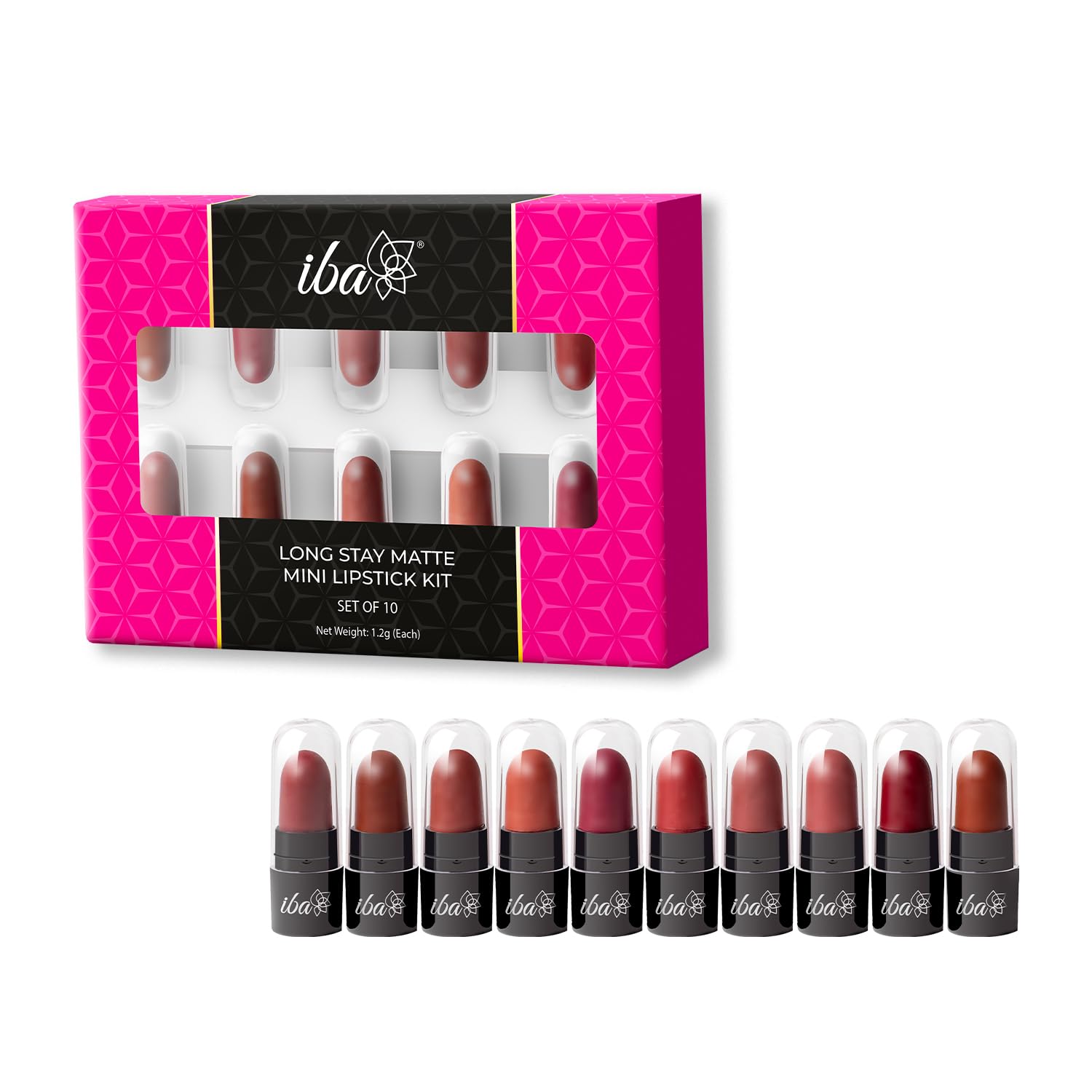 Iba Long Stay Creamy Matte Micro Mini Lipstick Kit | Bullet Matte Lipstick Set | Highly Pigmented and Long Lasting | Hydrating & Moisturizing Mini Lipsticks Set for Women | Mini Lipstick Combo Pack | (Set of 10) 12 g