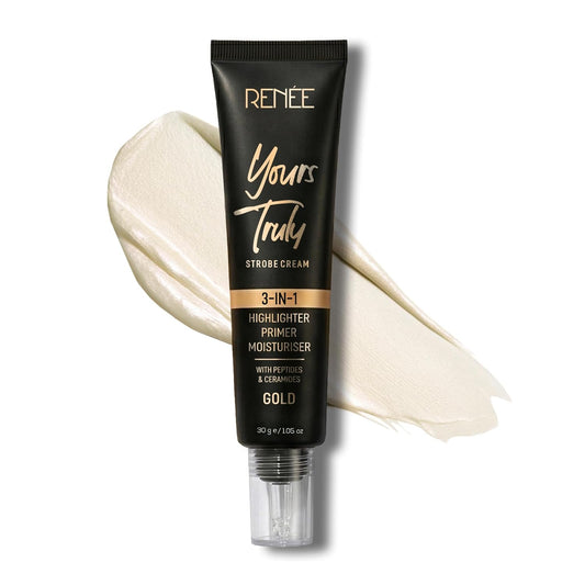 RENEE Yours Truly Strobe Cream for Face | 3 in 1 Highlighter Primer Moisturiser | Glow Cream, Lightweight, Non Sticky | Hydrating Dewy Skin Finish With Peptides | For All Skin Types | Gold - 30g