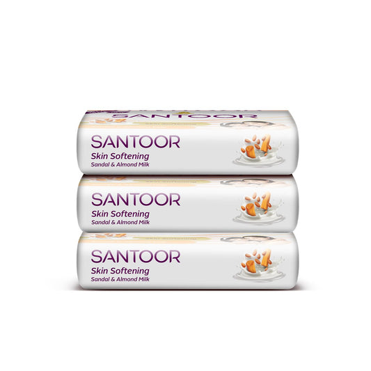 Santoor Skin Softening Sandal & Almond Milk Bathing Soap with Nourishing & Anti-Aging Properties| For Smooth & Soft and Younger-Looking Skin| For All Skin Types|150G X3