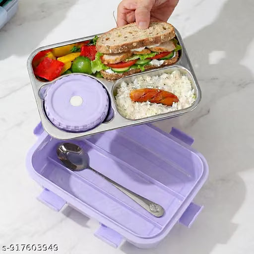 Bento Lunch Box Insulated Air Tight Portable Lunch Box with Spoon, Stainless Steel Lunch Box with Containers, Steel Bento Box for Kids, Adults, Men, Women - 750 ML (Purple)