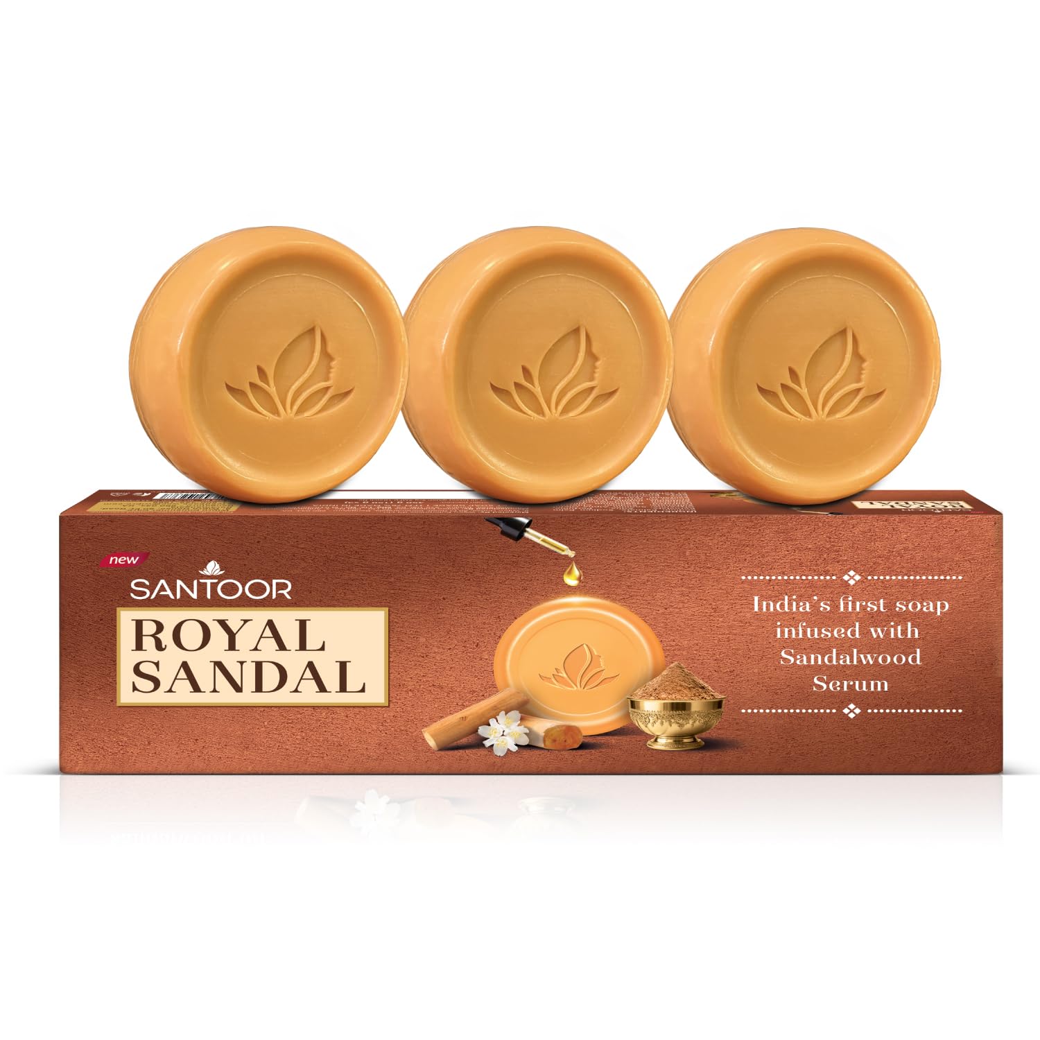 Santoor Royal Sandal Soap | Infused with Sandalwood Serum | Tan Removal | 100% Pure Sandalwood Oil & Powder | Helps Reduce Tan for Even-Toned, Glowing Skin | 150g x 3 Soaps