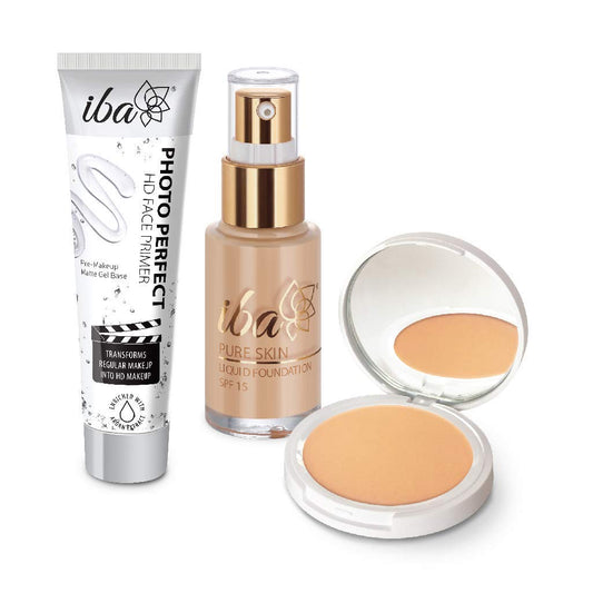 Iba Primer + Foundation + Compact Base Combo - Natural Beige | Long Lasting, Full Coverage Base Makeup