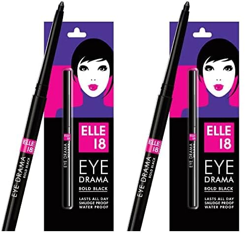 Elle 18 Eye Drama Kajal, Super Black, Smudgeproof & Waterproof, 0.35 G, Matte Finish Pencil (Pack Of 2)