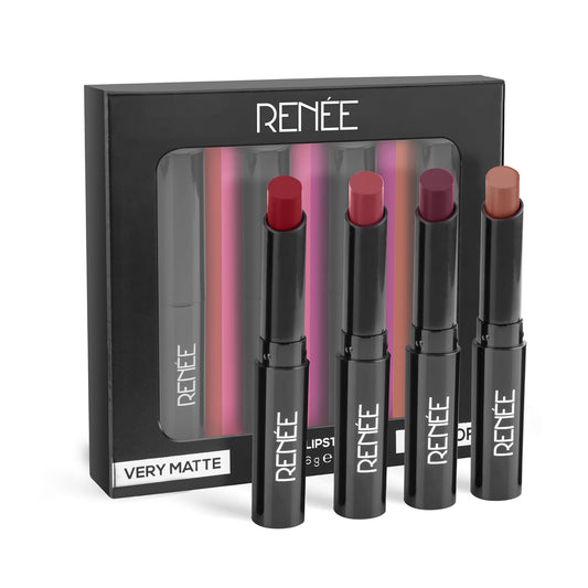 RENEE Very Matte - Pack of 4 Matte Lipsticks, Intense Color Pay Off, Full Coverage Long Lasting Weightless Velvety